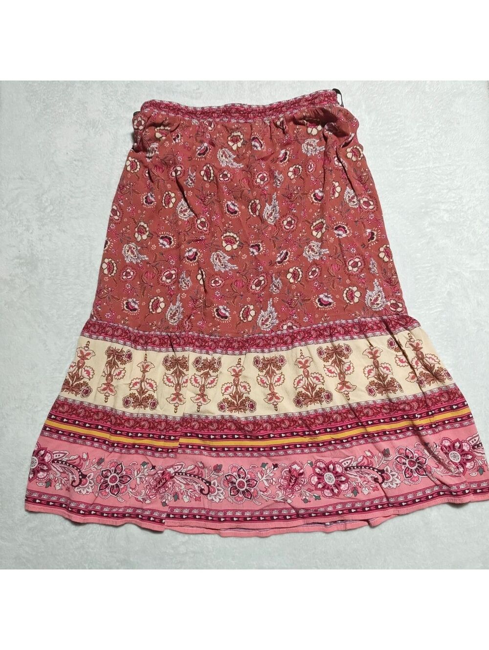 Boho cottagecore pink and cream paisley floral midi skirt with belt loops